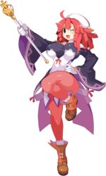 bangs baton boots breasts disgaea female gloves hand_on_hip harada_takehito headdress holding holding_weapon huge_breasts impossible_clothes impossible_shirt la_pucelle_tactics large_breasts leg_up long_sleeves medium_hair nippon_ichi_software official_art one_eye_closed open_mouth outstretched_arm pantyhose pink_hair priere red_eyes solo tight tight_clothing tight_shirt traditional_media weapon white_gloves wide_sleeves