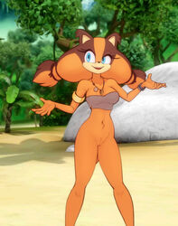 accessory anthro armlet badger beach belly_tuft blue_eyes bottomless bracelet breasts brown_hair clothed clothing detailed_background ear_tuft eyelashes female female_focus female_only fur furry furry_only genitals hair hair_accessory hair_tie hi_res jewelry mammal mostly_nude multicolored_hair mustelid musteline naked navel necklace nude one_eye_half-closed open_mouth open_smile orange_body orange_hair outside plant pussy rock scorpdk seaside sega shell smile solo solo_female solo_focus sonic_(series) sonic_boom sonic_the_hedgehog_(series) spread_arms sticks_the_badger sticks_the_jungle_badger sticks_the_tejon topwear tree tube_top tuft twintails two_tone_hair