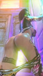 1girls 3d ass ass_focus asymmetrical_hair big_ass brown_hair butt cyberpunk_2077 dat_ass dyed_hair female female_only judy_alvarez nipples pants_down pink_hair pussy shiny_ass shiny_skin solo son_umbasa sweat tattoo tattoos viewed_from_behind viewed_from_below wet_skin