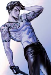 1boy belt cigarette eyepatch hand_on_forehead irezumi jeans majima_goro male_only male_solo muscular muscular_male necklace pinup ryuu_ga_gotoku safe sega shirtless simple_background tagme tattoos unknown_artist weapon_on_hand