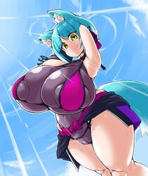 1girls :3 animal_ears areolae arms_up blue_hair breasts cameltoe clothed clothing female female_only hourglass_figure huge_breasts humanoid kanon_(148bpm) kemonomimi light_skin mostly_clothed pale_skin puffy_nipples tail thick_thighs venus_body wide_hips wolf_ears wolf_girl