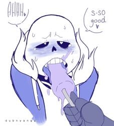 blowjob deepthroat disembodied_hand dubnyangg english_text fellatio hand heart-shaped_pupils heart_eyes holding_popsicle male_only moaning oral oral_sex popsicle popsicle_in_mouth popsicle_melting sans suggestive text text_bubble throat_training undertale