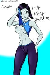 1girls clothing_lift english_text female female_only leggings nintendo nipples rookie115 solo sports_bra sportswear sweating text white_skin wii_fit wii_fit_trainer