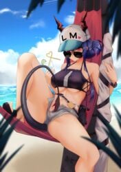 1girls arknights armpit bare_shoulders beach belt big_breasts blue_hair breasts bun cap ch'en_(arknights) clitoris cloud demon_horns demon_tail ett female female_focus female_only flip_flops glass hammock hat highres holding_glass holding_object horns jeans legs long_hair looking_at_viewer looking_over_eyewear looking_over_sunglasses no_panties no_socks ocean open_shorts presenting presenting_clitoris pussy red_eyes sandals seductive seductive_smile shorts sky smile solo_female spread_legs straw sunglasses swimsuit tail thick_thighs thighs tinted_eyewear tree underboob watch