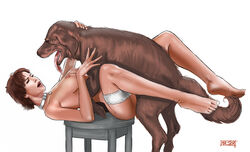 1animal 1girls bestiality breasts brown_hair canid canine canis collar domestic_dog duo female female_on_feral feral feral_penetrating feral_penetrating_female feral_penetrating_human from_front_position hair human human_on_feral human_penetrated interspecies lying male male/female mammal missionary_position misterjer nipples on_back penetration sex tongue tongue_out zoophilia