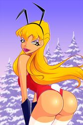 1girls 4kids_entertainment amber_eyes ass bent_forward big_ass bimbo blonde_hair breasts bunnysuit dat_ass eyeshadow lipstick long_hair looking_at_viewer looking_back makeup nickelodeon rainbow_(animation_studio) snow solo stella_(winx_club) thick_thighs voluptuous winx_club zfive