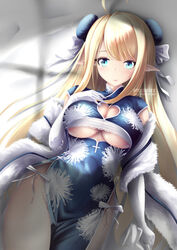 azur_lane blonde_hair blue_dress blush centaur_(azur_lane) china_dress elbow_gloves gloves green_eyes looking_at_viewer mimelex pointed_ears side_slit smile underboob