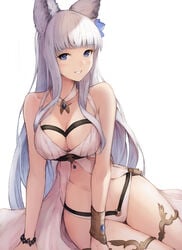 1girls animal_ears bare_shoulders blue_eyes bracelet breasts cleavage erune female granblue_fantasy koretsuki_azuma korwa large_breasts looking_at_viewer sitting smile solo teeth thighlet white_background