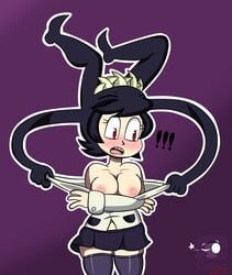 big_breasts embarrassed filia_(skullgirls) long_hair pressing_breasts_together purple_hair red_eyes samson_(skullgirls) showing_breasts skullgirls surprised surprised_expression violeta_nsfw