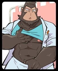 1boy 2021 anthro ape ayumu_gouriki_(odd_taxi) bodily_fluids bottomwear brown_body clothing doctor genitals gorilla haplorhine hi_res humanoid_hands hupi1008 kemono male male_only mammal muscular muscular_male nipples odd_taxi pants penis primate shirt solo sweat topwear undressing