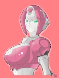 1girls alien alien_girl arcee big_breasts breasts busty ex-01_nicee female female_focus female_only green_eyes jet_doodling looking_at_viewer machine mechanical pink_armor pink_background pink_bra robot robot_girl simple_background solo solo_female solo_focus transformers transformers_g1 white_body white_skin