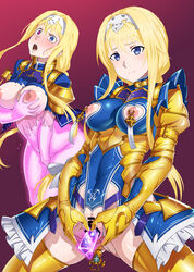 1girls adapted_costume alice_schuberg anal_beads blonde_hair blue_clothing blue_eyes censored corruption female_only gozaru latex mind_control revealing_clothes solo sword_art_online sword_art_online_alicization tight_clothing tongue_out vaginal_penetration