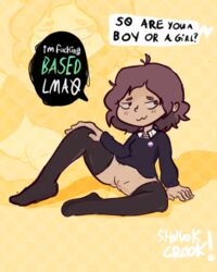 1girls bottomless breasts dark_skin female female_only flancakemakes nonbinary_pride_colors oc presenting pussy shnoukcrook simple_background small_breasts stockings sweater tagme text tiktok