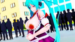 adopento big_breasts exhibitionism hatsune_miku mmd presenting_breasts stomach_bulge vocaloid