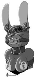 alpha_channel anthro bondage bound clothing collar disney ear_plugs female gag gagged greyscale hi_res judy_hopps lagomorph latex leporid lock mammal markings masterzoroark666 medium_breasts monochrome rabbit rubber rubber_suit sensory_deprivation solo zootopia