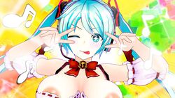 adopento areola_slip areolae_slip big_breasts double_peace_sign double_v hatsune_miku mmd one_eye_closed tongue_out unusual_pupils v v_over_eye vocaloid