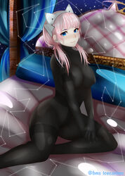 ai:_the_somnium_files bed bodystocking cat_ear_headphones full_bodystocking iris_sagan kneeling pink_hair solo