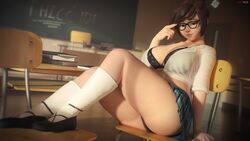 1girls 3d big_breasts bra bra_cups_sticking_out breasts brown_eyes brown_hair classroom cleavage curvy female female_only fugtrup glasses huge_breasts kneehighs large_breasts looking_at_viewer mei_(overwatch) open_shirt overwatch revealing_clothes school_uniform seductive sitting skirt smile socks solo thick_thighs tied_hair tied_shirt voluptuous wide_hips