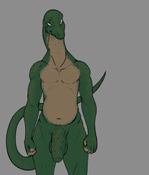 2021 absurd_res anthro baccus_loka balls belly big_balls big_penis collaboration conditional_dnp fan_character foreskin genitals green_body green_skin hi_res kadath lizard long_neck male male_only monitor_lizard ocular_prosthetic penis prosthetic reptile scalie scar solo solo_male tan_body tan_skin uncut wsad_(artist) yellow_eyes