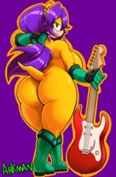 absurd_res anthro archie_comics arkman armwear artist_name ass big_breasts big_butt boots breasts casual clothing crooked_tail ear_piercing ear_ring electric_guitar exposed_torso female footwear full-length_portrait gloves green_eyes guitar hair half-closed_eyes hand_behind_head handwear herpestid hi_res holding_guitar holding_hair knee_boots knee_highs legwear looking_at_viewer mammal mina_mongoose mongoose mostly_nude musical_instrument narrowed_eyes piercing playing_instrument plucked_string_instrument portrait purple_background purple_hair rear_view side_boob simple_background smaller_version_at_source smile solo sonic_(series) sonic_the_hedgehog_(archie) sonic_the_hedgehog_(comics) sonic_the_hedgehog_(series) string_instrument thick_thighs three-quarter_view touching_hair voluptuous wide_hips yellow_body