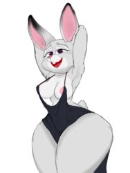 1girls anthro arms_behind_head barely_clothed black_dress clothing disney dress female furry grey_fur judy_hopps large_breasts nipple_slip rabbit sir_cums_a_lot smiling solo white_background zootopia