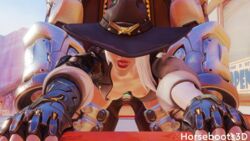 1boy 1girls 3d ashe_(overwatch) bestiality blender_(software) bob_(overwatch) bottomless breasts_out cleavage clothed clothing cowboy cowboy_hat doggy_style horseboots3d implied_bestiality implied_sex medium_breasts open_clothes open_shirt outdoor_sex overwatch route_66_(map) short_hair size_difference white_hair