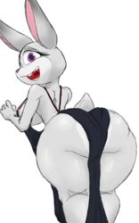 1girls anthro ass_focus black_dress clothing disney dress female furry happy judy_hopps large_breasts leaning_forward nipples rabbit rabbit_tail sir_cums_a_lot solo tail white_background zootopia