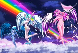 3girls angel_wings ass blue_hair blue_skin blue_wings clouds completely_nude completely_nude_female feathered_wings feathers female female_only friendship_is_magic hasbro horn horned_humanoid humanized long_hair mauroz multicolored_hair my_little_pony my_little_pony_friendship_is_magic nude nude_female nudity pink_skin princess_cadance_(mlp) princess_celestia_(mlp) princess_luna_(mlp) purple_wings rainbow smooth_skin strategically_covered white_skin white_wings winged_humanoid wings