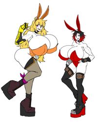 absurd_res blonde_hair breasts breasts_bigger_than_head bunny_ears bunnysuit clothing female footwear handwear happy huge_breasts human looking_at_viewer nipple_bulge open_mouth prosthetic prosthetic_arm purple_eyes ruby_rose rust_and_bolts rwby silver_eyes thick_thighs wide_hips yang_xiao_long