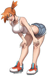 1girls ass bending_over big_breasts blue_eyes blush breasts clothing deareditor gym_leader huge_breasts kasumi_(pokemon) large_breasts leaning_forward misty_(pokemon) misty_(pokemon_lgpe) nintendo orange_hair pokemon pokemon_lgpe pokemon_rgby ponytail red_hair shoes short_hair shorts sneakers sweat sweatdrop tongue tongue_out wet