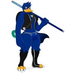 1:1 alpha_channel anthro avian backpack balls_outline beak bird boots briefs bulge claws clothed clothing finch footwear genital_outline heart jacket jewelry male melee_weapon necklace notkastar notska_(character) oscine passerine penis_outline polearm solo topwear underwear weapon