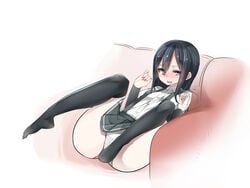 10s 1girls alternate_eye_color arm_warmers asashio_(kantai_collection) black_hair black_legwear blush couch dress_shirt female female_focus female_only green_eyes highres kantai_collection long_hair mitsudoue open_mouth panties pleated_skirt school_uniform shirt skirt solo solo_female solo_focus spread_legs suspenders thighhighs underwear white_panties