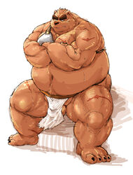 2021 anthro asian_clothing balls bottomwear brown_body brown_fur bulge clothing east_asian_clothing fundoshi fur genitals japanese_clothing kemono kotobuki loincloth male mammal overweight overweight_anthro overweight_male scar sitting solo underwear ursid