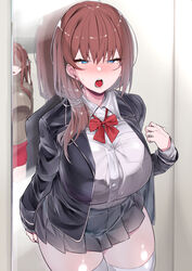 2girls absurdres bangs blazer blue_eyes blush bow bowtie breasts brown_hair buttons eyebrows_visible_through_hair faceless faceless_female hair_tie highres huge_breasts jacket long_hair looking_at_viewer miniskirt mirror mitsudoue multiple_girls open_blazer open_clothes open_jacket open_mouth original pleated_skirt red_neckwear reflection school_uniform shaded_face skirt thick_thighs thighhighs thighs white_legwear