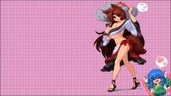 2d 2girls bare_legs belly big_breasts blush breasts cleavage duo female female_only full_body hat huge_breasts kagerou_imaizumi long_hair looking_at_viewer navel pixel_art simple_background smile takorin third-party_edit touhou wakasagihime walking wallpaper wolf_ears