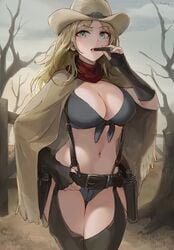 1girls 2021 bare_midriff bare_thighs belly_button belt big_breasts blonde_hair blue_eyes breasts chaps chowbie cigar cleavage cowboy_hat cowgirl looking_at_viewer original solo_female tagme thick_thighs thighs