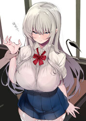 absurdres blue_eyes blush bra_through_clothes bra_visible_through_clothes breasts collared_shirt cowboy_shot day desk eyebrows_visible_through_hair female highres huge_breasts indoors long_hair miniskirt mitsudoue original school_desk school_uniform shirt short_sleeves silver_hair skirt solo_focus tail thighhighs white_legwear