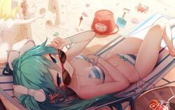 1girls adjusting_eyewear adjusting_glasses beach bikini blue_hair brown-tinted_eyewear hatsune_miku kagamine_rin looking_over_eyewear looking_over_sunglasses qys3_(artist) striped_bikini sunglasses tinted_eyewear twintails vocaloid