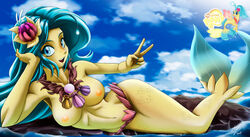 big_breasts blue_eyes blue_hair collar completely_nude completely_nude_female equestria_girls female flower_in_hair hasbro humanized light_blue_hair long_hair mauroz mermaid mermaid_tail my_little_pony my_little_pony_friendship_is_magic nude nude_female nudity peace_sign princess_skystar princess_skystar_(mlp)