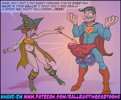 ankle_boots blue_balls boots cosplay dc dc_comics edging female knave orgasm_denial superman teasing text what witch witch_hat