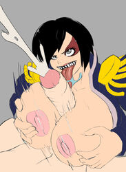 1boy 1girls alternate_breast_size anythinggoes areolae big_breasts black_hair breasts colored cum cum_between_breasts ejaculation ejaculation_between_breasts frida_mofette huge_breasts human large_breasts long_tongue monochrome nipples paizuri sharp_teeth simple_background straight wakfu