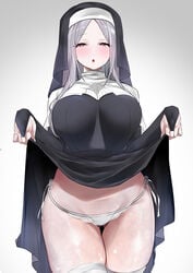 :o absurdres bangs blush breasts bridal_gauntlets dress dress_lift female gloves grey_hair habit half-closed_eyes highres large_breasts lifted_by_self long_hair long_sleeves looking_at_viewer mitsudoue nun open_mouth original panties pantyshot purple_eyes shiny shiny_skin side-tie_panties solo thighhighs thighs underwear