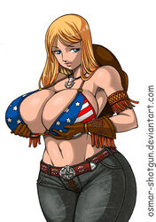 1girls american american_flag american_flag_bikini belt blonde_hair blue_eyes breasts clothing cowboy_boots cowboy_gloves cowboy_hat cowboy_shot dead_or_alive female footwear gloves handwear headwear holding_breasts huge_breasts human jeans necklace osmar-shotgun pale_skin texan tina_armstrong