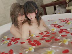 2girls 3d amber_eyes asian bath bathtub blue_eyes blush brown_hair dead_or_alive dead_or_alive_xtreme_venus_vacation female_only hug_from_behind large_breasts light_brown_hair long_hair misaki_(doa) nanami_(doa) nyxdoaxvv rose_petals yuri