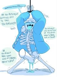 animated_skeleton blue_jacket blue_tongue bodily_fluids bondage bottomless bound_wrists closed_eyes clothed degradation disembodied_hand dripping_cum ectotongue english_text fingering fluids genjisbuttclub jacket jacket_only kneel male male_only monster partially_clothed partially_nude pov sans sans_(undertale) skeleton text tied_up tied_wrists tongue tongue_out touching_crotch trembling undead undertale undertale_(series) white_background