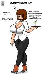 1girls artist_logo artist_name bartender breasts brown_hair choker cleavage clothed clothed_female drink eyebrows_visible_through_hair female female_only glass haloowl high_heel_boots holding_tray ideal_gf large_breasts martini musical_note original serving_tray shirt short_hair smile solo solo_female standing tagme text thick_thighs tray white_background white_shirt