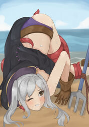 1girls akacolor akairo alternate_costume ass ass_up beach bikini brown_eyes clenched_teeth face_down_ass_up fire_emblem fire_emblem_awakening fire_emblem_heroes grey_hair nintendo ocean one_eye_closed purple_bikini purple_swimsuit robin_(female)_(summer)_(fire_emblem) robin_(fire_emblem) robin_(fire_emblem)_(female) seaside swimsuit tentacle top-down_bottom-up wince