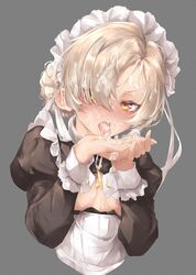 after_fellatio apron azur_lane blonde_hair blush braid breasts cross cum cum_in_mouth cum_on_hair cum_on_tongue dress eyebrows_visible_through_hair female french_braid frilled_apron frills grey_background highres jewelry long_sleeves looking_at_viewer maid maid_apron maid_headdress no_bra open_clothes open_mouth sheffield_(azur_lane) short_hair simple_background small_breasts sutetete tongue tongue_out white_apron yellow_eyes