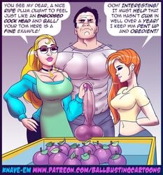 1boy 2girls blonde_hair blue_balls busty cock_and_ball_torture edging femdom fruit knave long_hair orgasm_denial purple_penis tease_and_denial teasing