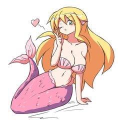 1girls bare_shoulders blonde_hair blush breasts cleavage collarbone ear_fins eyebrows_visible_through_hair female female_only fins fish_tail green_eyes hair heart jpeg large_breasts long_hair mermaid open_mouth original paulgq pink_tail seashell seashell_bra shell solo solo_female tail v_sign white_background wink